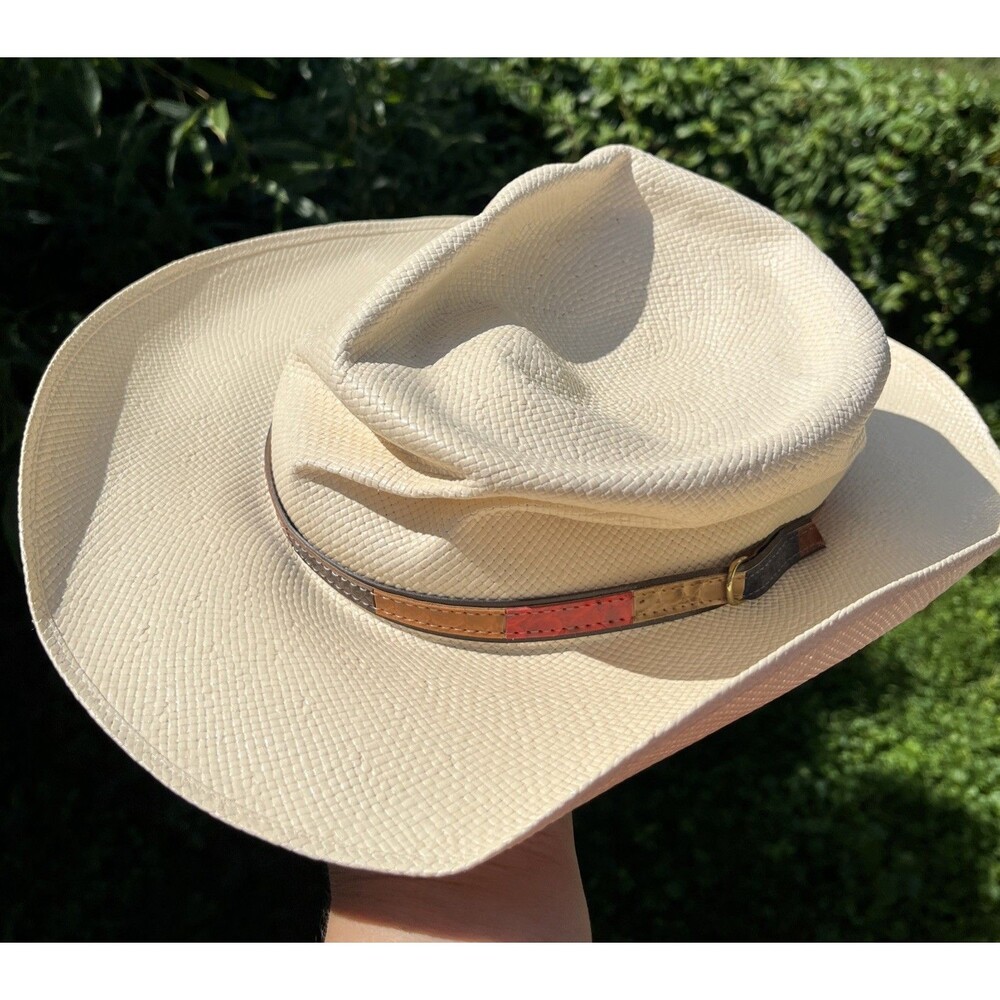 Stetson Shantung Panama Straw Gambler Cowboy Western Hat 7 1/8 Leather Band